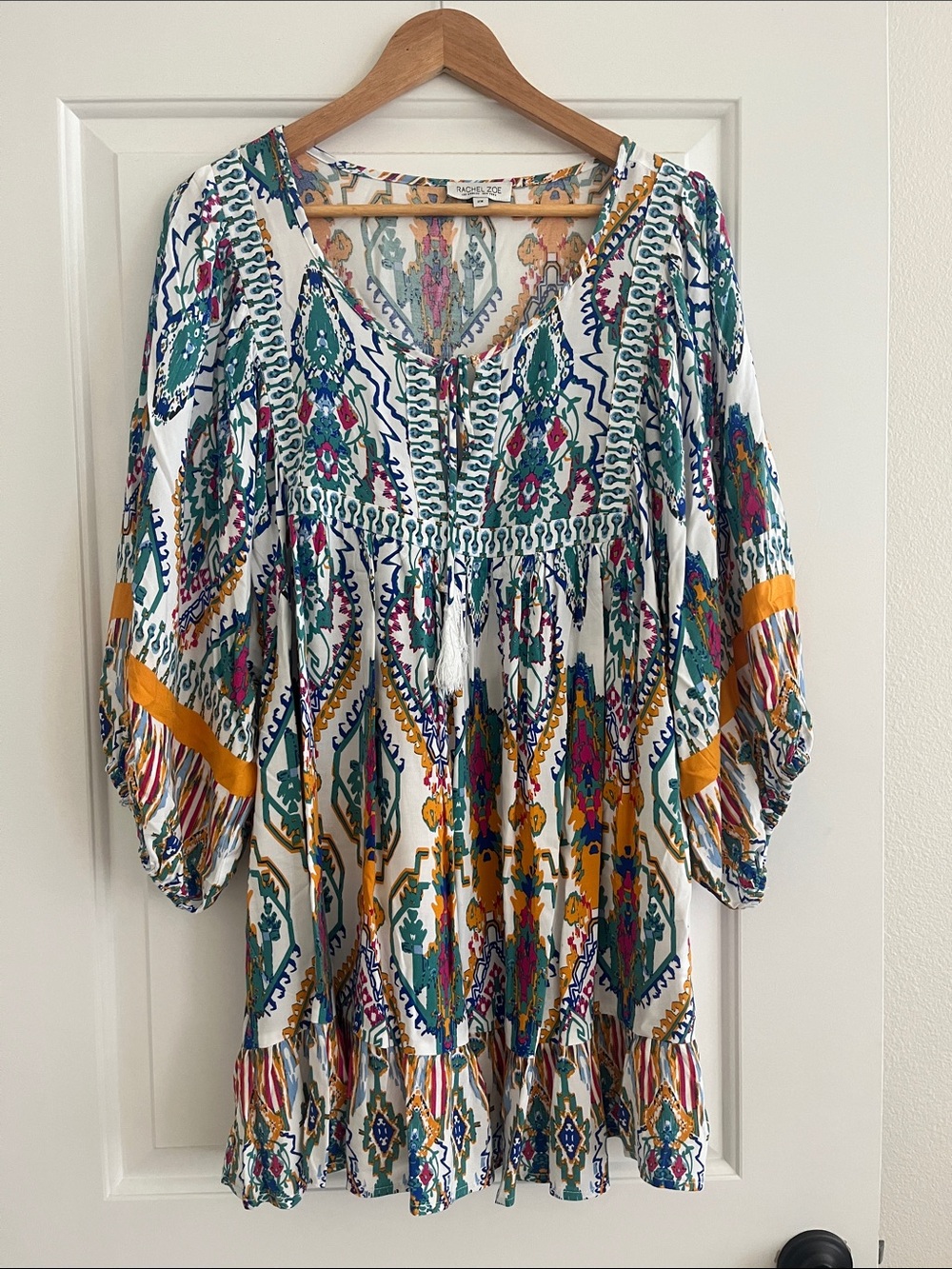 Rachel Zoe White Tunic Dress with Teal, Mustard Yellow & Pink Print Breathable